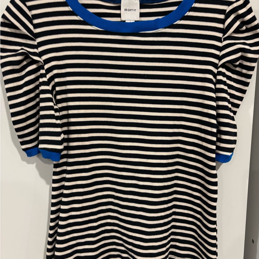 Maeve Black and White Striped Top with Blue Trim